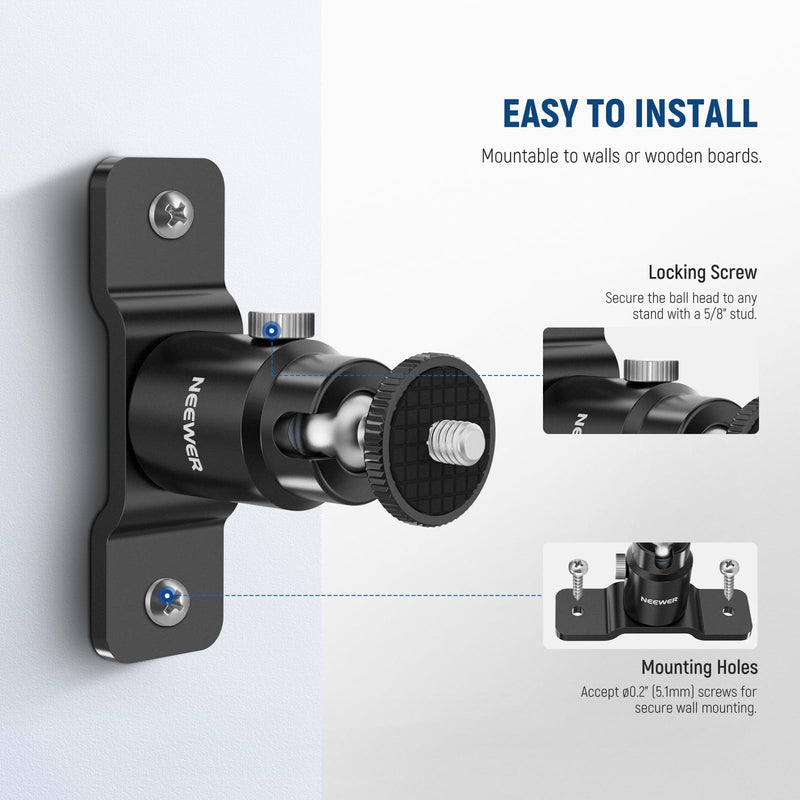 NEEWER 2 Pack T Type Wall Ceiling Mount, Ring Light Wall Mount Bracket with Detachable Ball Head, 5/8" Stud, 1/4" Screw for Flash Strobe Camera Monitor Studio Lighting, Max Load: 4.4lb/2kg, TS008