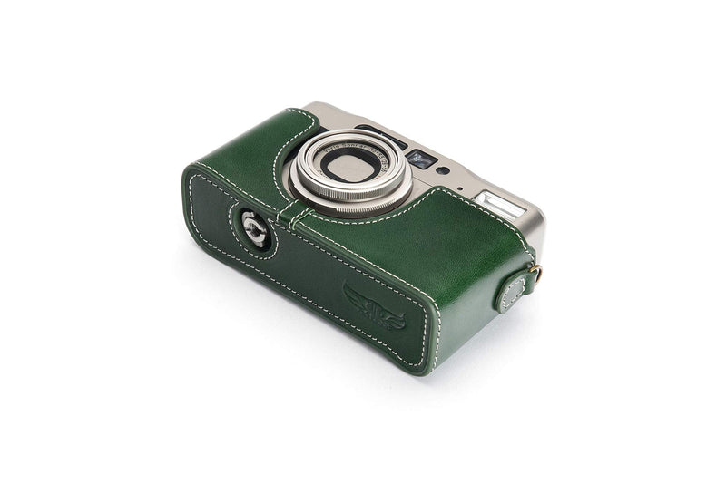 Contax TVS II Case, BolinUS Handmade Genuine Real Leather Half Camera Case Bag Cover for Contax TVS II Camera with Hand Strap (Green) Green