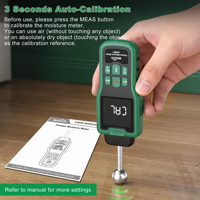 Moisture Meter, SQECH Pinless Moisture Meter with Thermometer, Flashlight, Alarm, Multifunctional Wood Moisture Meter with Color LCD, for Walls, Wood, Masonry, Caravans, Apartments
