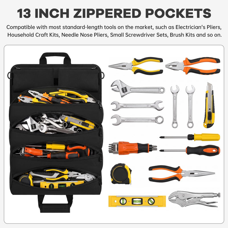ANILD 13 Inch Roll Up Tool Bag Organizer, Heavy Duty Portable Tool Roll Organizer Bag with 2 Detachable Pouches, Father’s Day Gift, Gifts for Men, Electrician, Mechanic & Hobbyist (Black, Regular) Black
