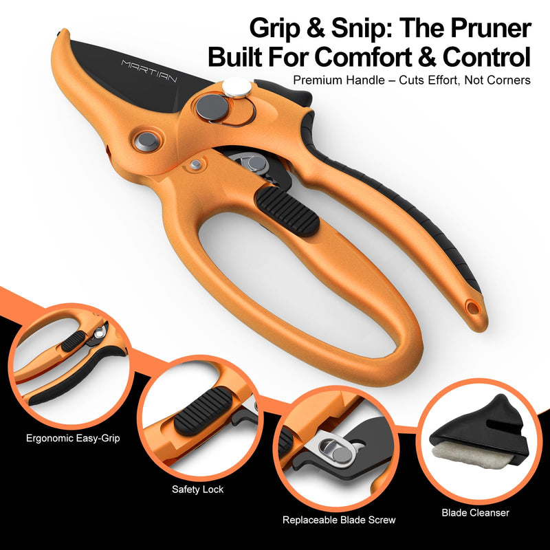 8" Handheld Pruning Shears, Heavy-Duty Stainless Steel Garden Clippers | hand pruners for gardening, anvil pruning shears, sharp kitchen scissors, garden clippers heavy duty Orange& Black 8"