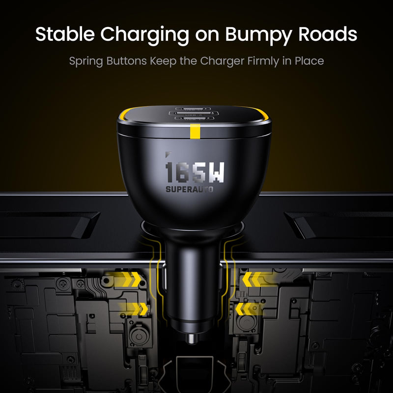 AOHI 165W Laptop Car Charger Adapter 140W PD 3.1/ 100W PD 3.0 USB C Super Fast Charging PPS 45W 3-Ports QC5.0 Car Lighter Charger for MacBook Pro, iPhone 16/15, Galaxy S24 Ultra, iPad, Black