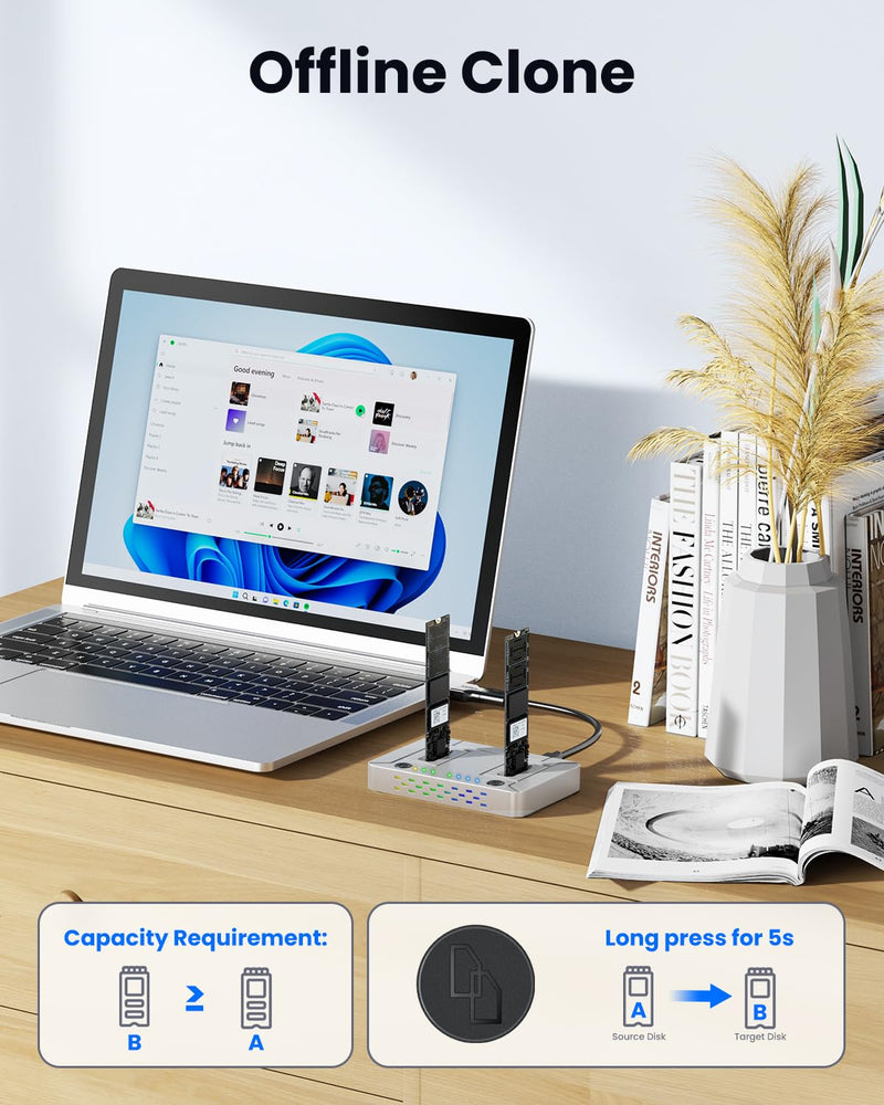 M.2 NVMe SATA SSD Cloner : Coolpie CR220 Dual-Bay Offline Clone M.2 Duplicator, Tool-Free 20Gbps USB3.2 Gen2*2 M.2 Docking Station for SSDs 2230/2242/2260/2280/22110