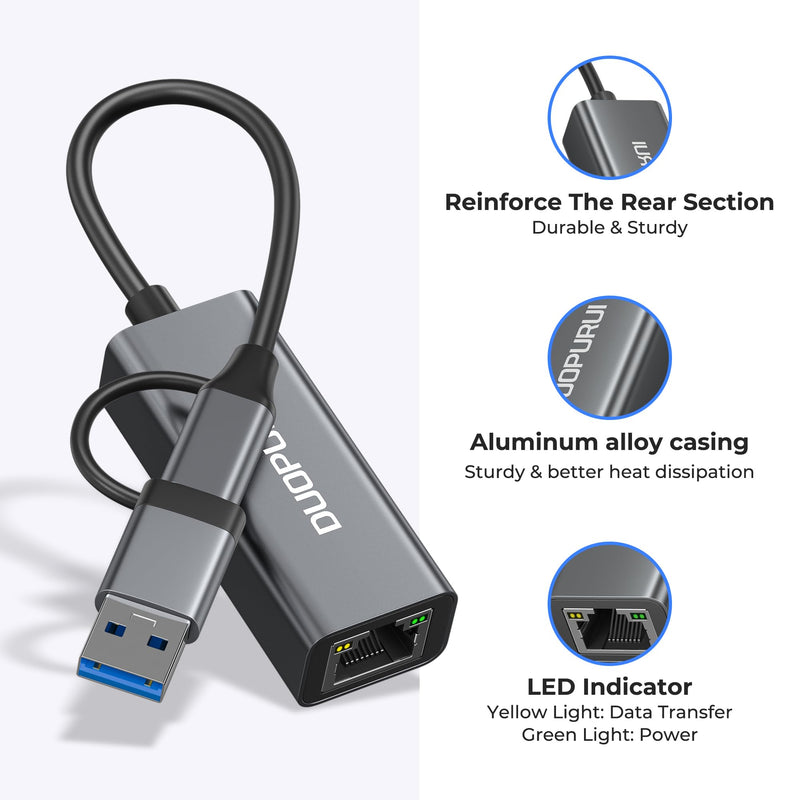 USB to Ethernet Adapter,USB C to RJ45 1 Gigabit LAN Network Adapter,Aluminum Case,Ethernet Adapter for Laptop,MacBook Pro/Air,Surface Pro,iPad,XPS,Windows 11/10/8/7,MAC OS
