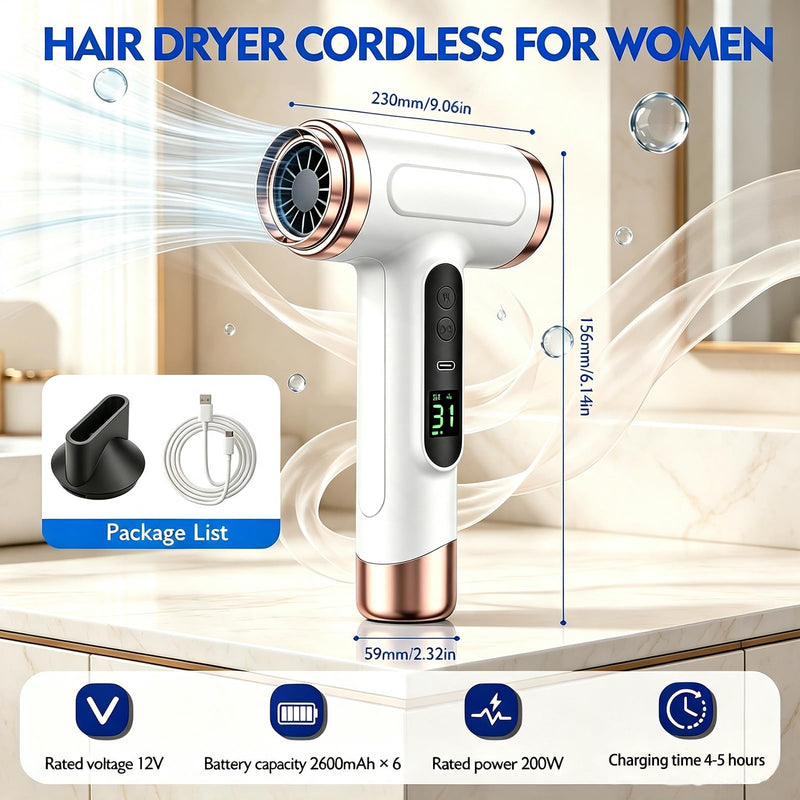 Cordless Hair Dryer, Portable Rechargeable Travel Hairdryer with Digital Screen, 3 Speed & 3 Heat Settings, USB Charging Wireless Blow Dryer for Travel, Dorm, Home & Camping (White)