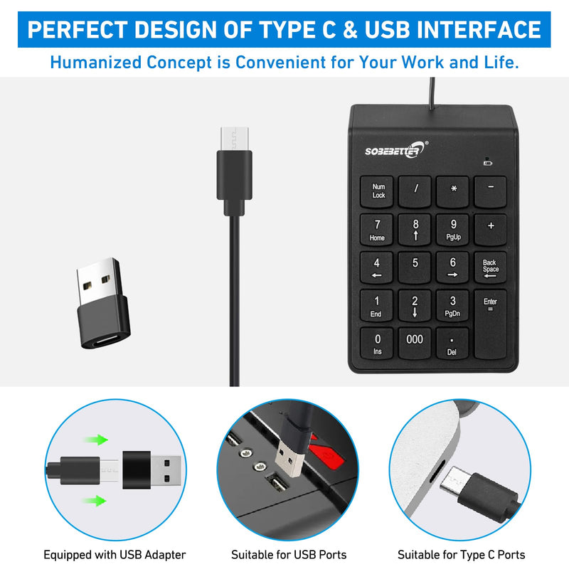 Type C Number Pad, USB 19 Keys Mini Number Keyboard Plug & Play Financial Accounting Numpad Office Home Portable Slim Numeric Keypad for Laptop Phone PC Tablet Notebook (Black) Black
