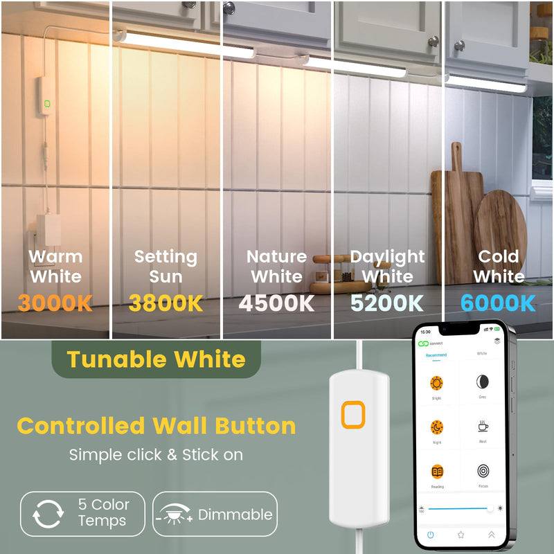 Under Cabinet Lighting Plug in with APP Control, 3 PCS 12 Inchs Light Strip, 5 Color Dimmable Super Bright Led, 690 Lm 12W, Under Counter Light for Kitchen, Counter, Shelf White Case 12" 3-Bar