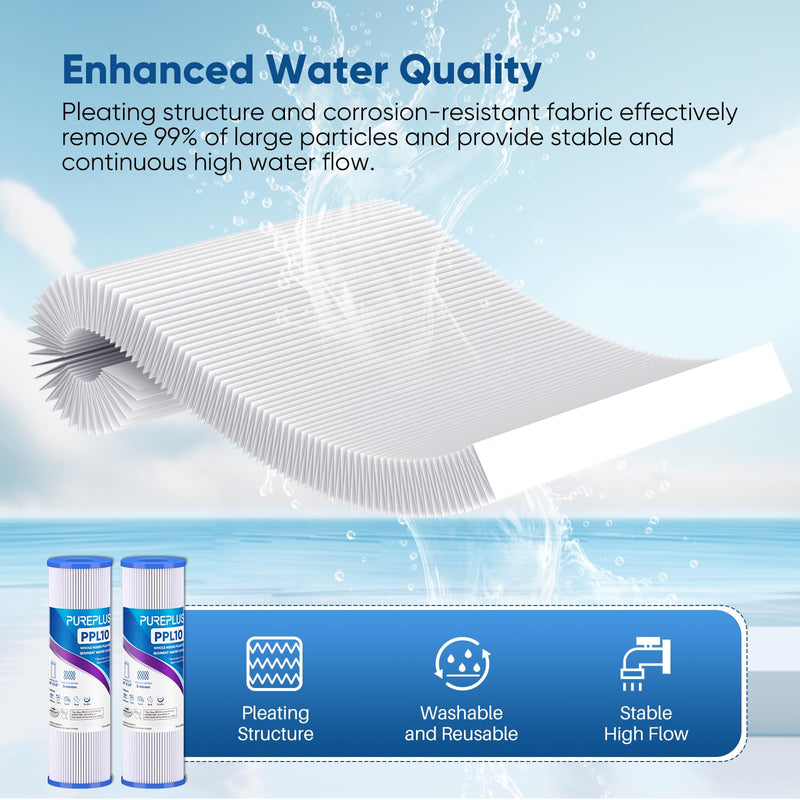 PUREPLUS 5 Micron 10"x2.5" Whole House Pleated Sediment Filter for Well Water, Replacement Cartridge for Universal 10 inch RO System, W50PE, WFPFC3002, SPC-25-1050, FM-50-975, 801-50, WB-50W, 4Pack 4 Count (Pack of 1)