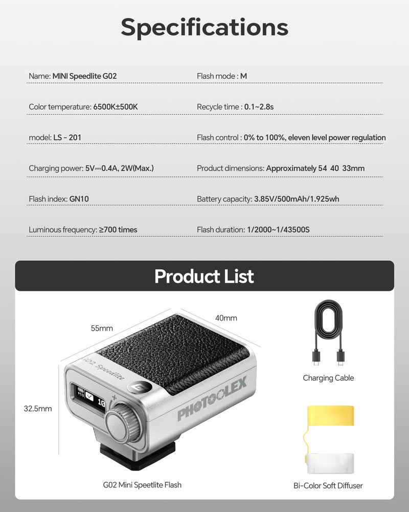 PHOTOOLEX G02 Mini Camera Flash GN10 45g USB-C Speedlite | Universal hot shoe. GN10 output. 6500K daylight color. 0.1s recycle. 45g pocket flash with USB-C fast charging