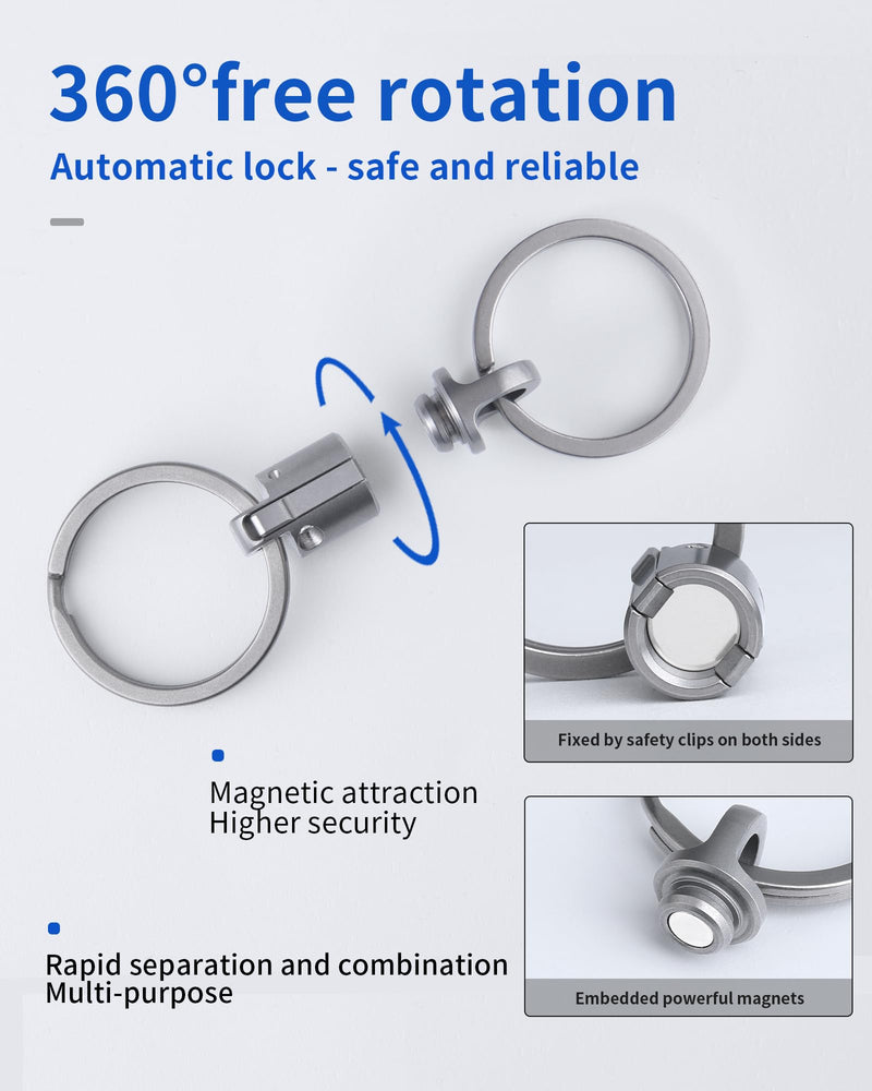 Titanium Magnetic Quick Release Keychain, Heavy Duty Key Holder, Detachable Chain Rings, 88LB Load Capacity Ti Connector*1 + 1 in Ss Keyring*2