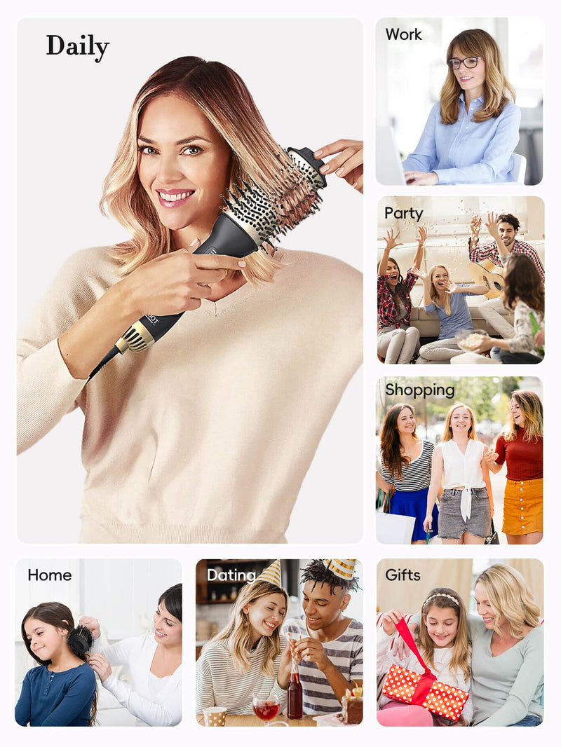 LANDOT Hair Dryer Brush, Hot Air Styler Volumiser, 60mm Oval Blowout Brush | Ionic Blowdry Brush for Drying Smoothing and Volumizing, Anti-frizz Ceramic Titanium Barrel, 3 Heat & 2 Speed, All Hair Types Black/Gold