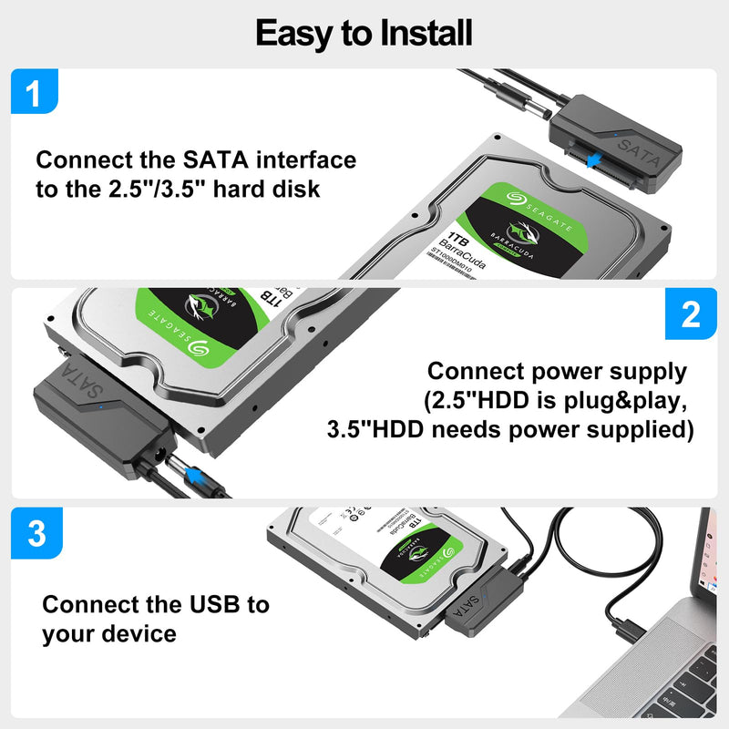 SATA to USB Adapter with Power, USB 3.0 to SATA III Converter with 12V 24W Adapter External Hard Drive Cable for 2.5 3.5 Inch HDD SSD UASP Seagate WD Hitachi Toshiba 1 SATA to USB 3.0 with Power