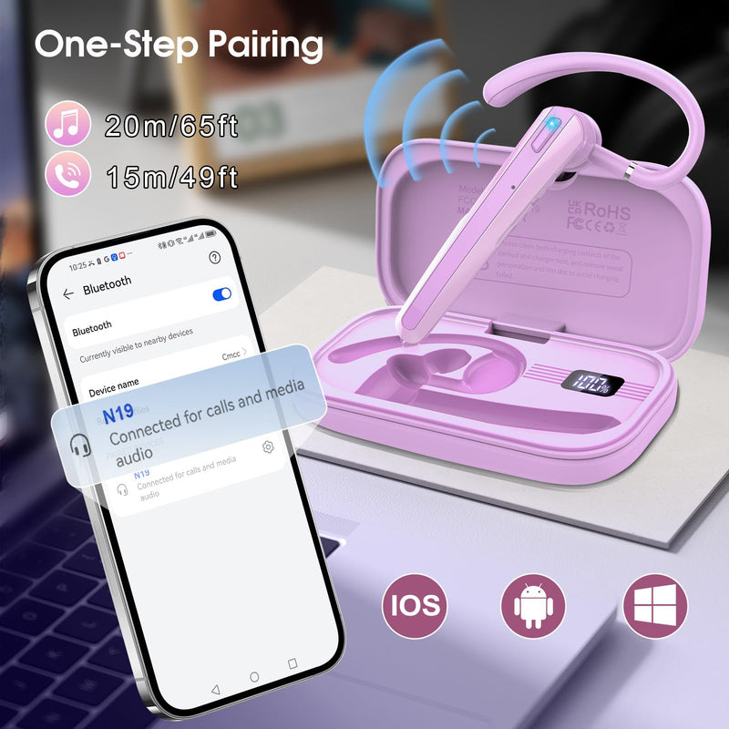 Bluetooth Headset V5.3, Wireless Headset with ENC Noise Canceling Mic | 120Hrs Talk Single-Ear Bluetooth Earpiece, LED Display, IP7 Waterproof Hand-Free Earphone for Business/Trucker, Purple