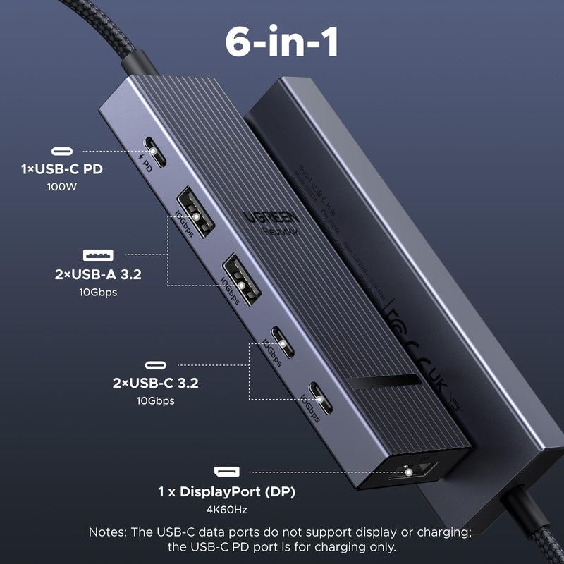 UGREEN Revodok Pro 6 in 1 USB-C Hub to DisplayPort 4K 60Hz, 100W Power Delivery 10Gbps USB-A and USB-C 3.2 for MacBook Pro/Air, iPad Pro, Thinkpad, Rog Ally and More.