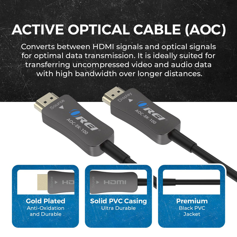 OREI 8K HDMI 2.1 Cable 100ft – AOC Active Optical Fiber HDMI Cable, 48Gbps, 8K@60Hz, 4K@120Hz, HDR10+, eARC, HDCP 2.3, EMI-Free, Gold-Plated