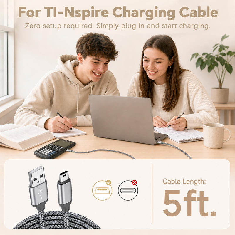 TI-84 Plus CE Charger Cable for Texas Instruments Calculator | 5ft TI-84 Plus CE Data Power Charging Cord, Compatible with TI-Nspire CX II CAS C Silver Edition TI89 Charger Cable
