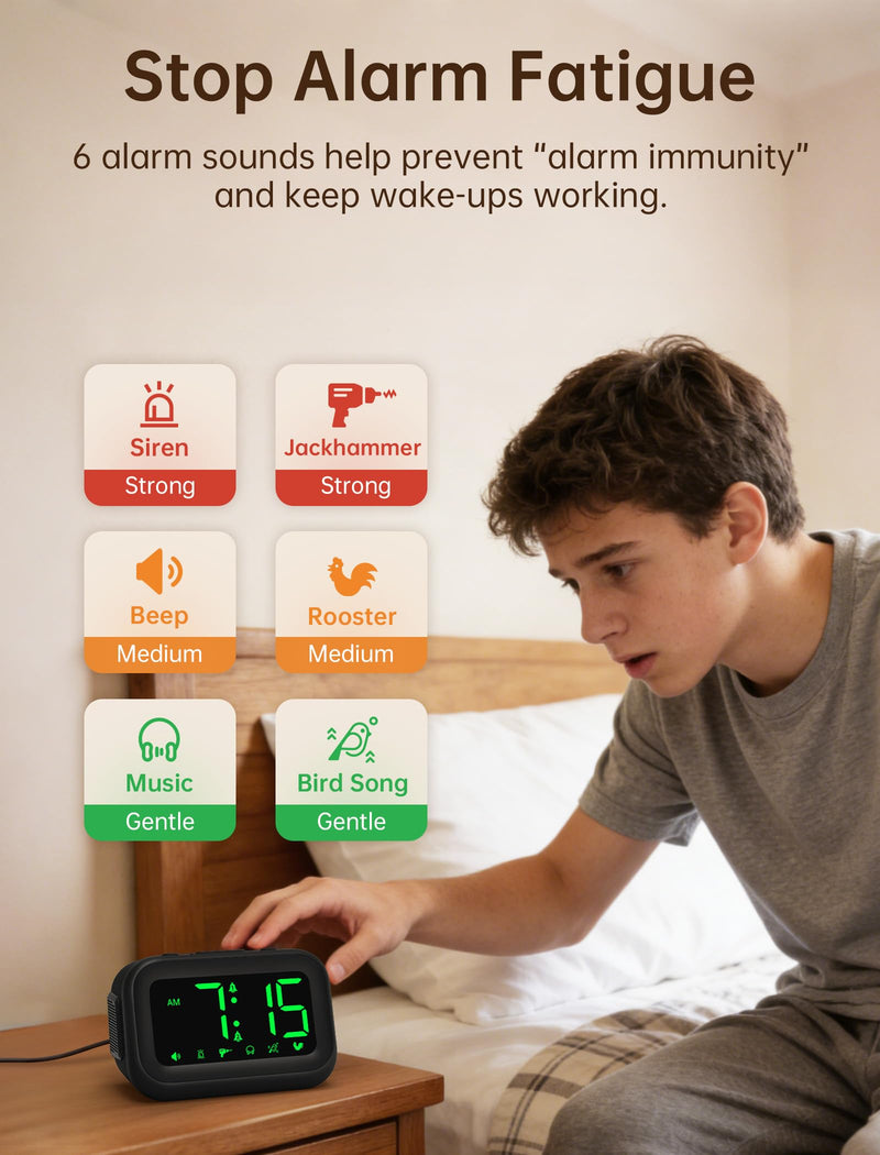 Extra Loud Alarm Clock: 115dB Dual Alarms and 6 Unique Alarm Sounds for Heavy Sleepers - Adult Students for Bedroom On-Time Wake-Ups - Green Digits Black - Green Digits
