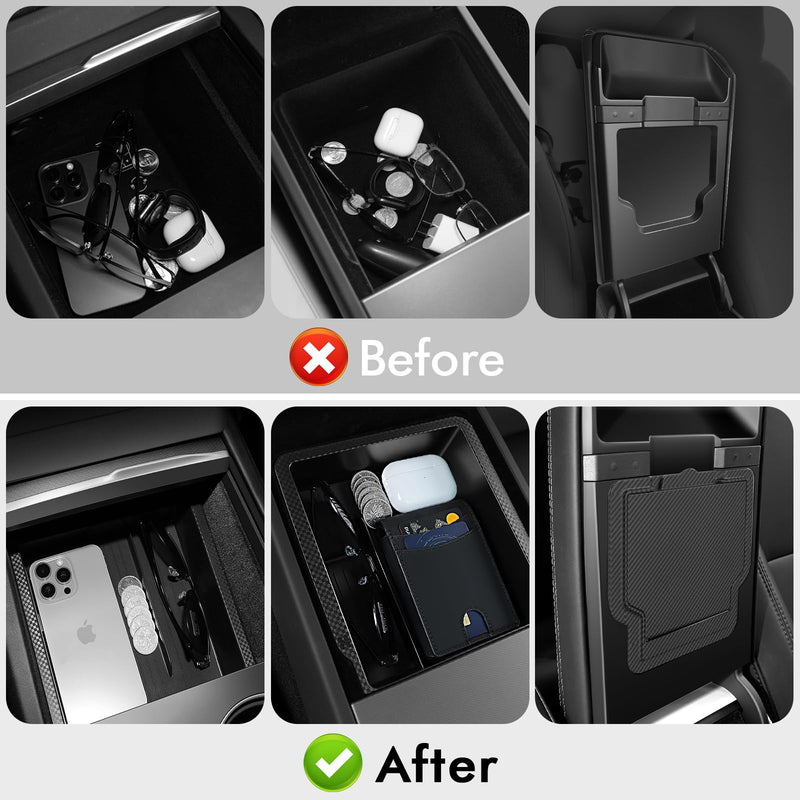 Upgraded Tesla Model Y Juniper Accessories 2026-2025 Center Console Organizer Tray 5PCS for Tesla Model 3 Accessories 2025 Highland, Hidden Storage Box, Cup Holder & Armrest Drawer Organizer BLACK
