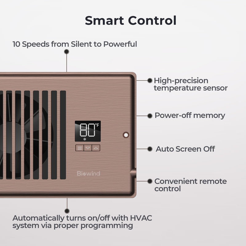 BIOWIND Quiet Register Booster Fan Fits 4" x 12" Register Holes, 10-Speed Smart Heating Cooling AC Vent Fan with Remote Control and Thermostat Control - Bronze 4" x 12"