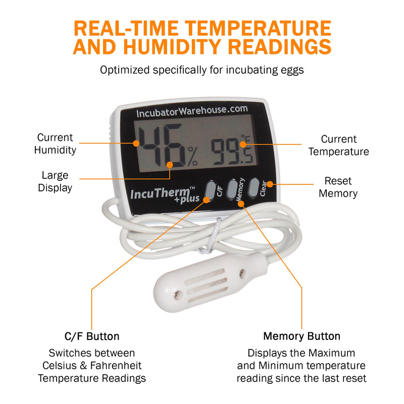 Incubator Warehouse IncuTherm™ Plus Digital Thermometer and Hygrometer for Egg Incubator - Large Digital Display with Min/Max Memory - Remote Probe - Reads Celsius and Fahrenheit +/-1° 1109 IWTH01