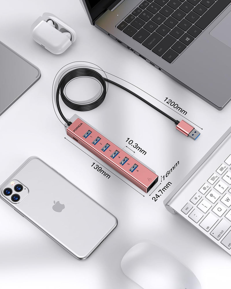 Aluminum USB 3.0 Adapter USB to Ethernet HUB with 120CM Long Cable for Laptop USB Extender with Gigabit Ethernet Port and 5V/3A Power Port 7 Ports USB Hub for iMac PC Flash Drives (Rose Gold) Rose Gold