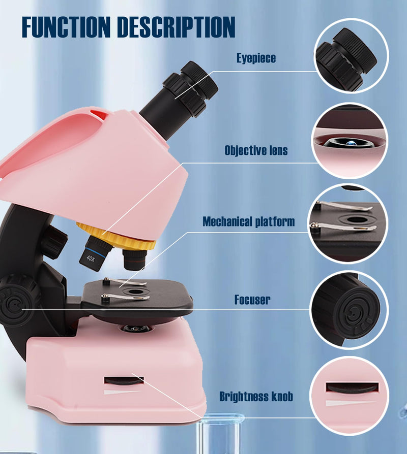 SpectrumOI Pink Microscope for Adults and Kids,40X - 640X Compound Microscope for Beginner 8-12, Kids Microscope with 8 Spicemen Slides, Microscope kit for Kids