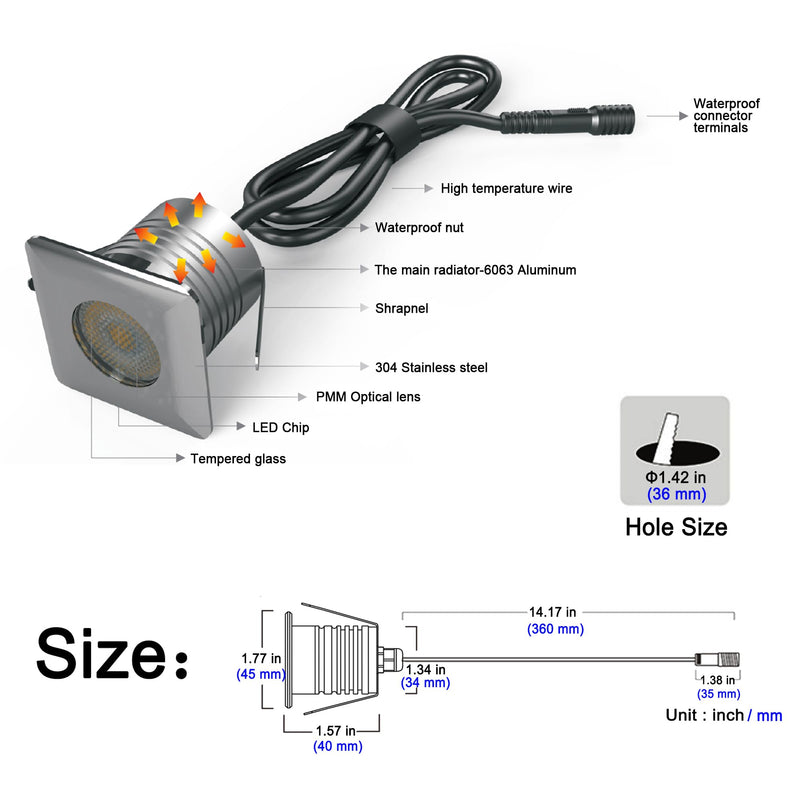LED In-Ground Well Lights Square,3W, DC12V-24V Waterproof IP67,Aluminum&Stainless Steel,Buried Underground Outdoor Landscape Lightings,Warm White 3000K