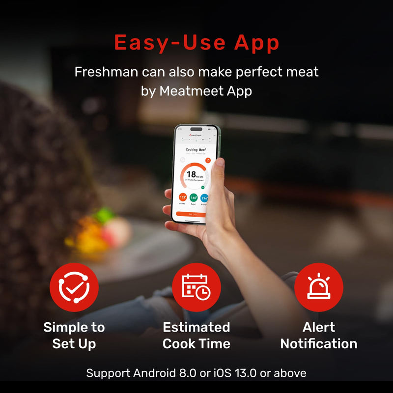  [AUSTRALIA] - Pro Smart WiFi Wireless Meat Thermometer, Unlimited Range, Improved Stability, Ultra-Thin Probe, Bluetooth Digital Food Thermometer for Remote Monitoring of Oven/Kitchen/BBQ/Grill/Rotisserie Black