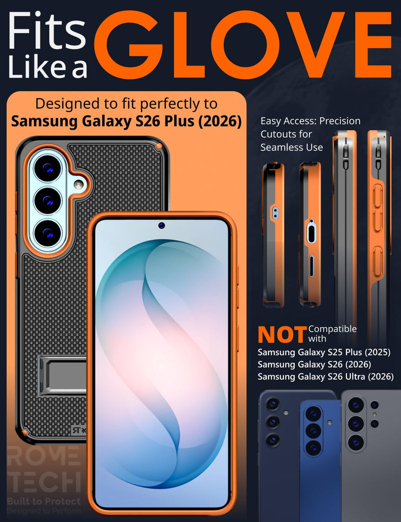 Designed for Samsung Galaxy S26 Plus Case with Belt Clip Holster | Rugged Cover with Strong Magnet & Kickstand Heavy Duty Combo - Black & Orange