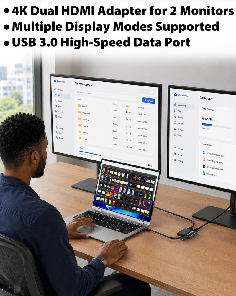Cyberguys USB-C to HDMI Splitter for Dual Monitors | 4-in-1 Type C Hub with HDMI Splitter 1 In/2 Out Extended Display 4K@60Hz