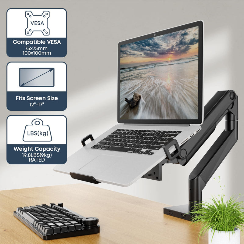Laptop VESA Mount Tray Holder for Monitor Arms and Stands 75x75mm 100x100mm Clamp Notebook Adjustable 12 to 17 inch Black Universal