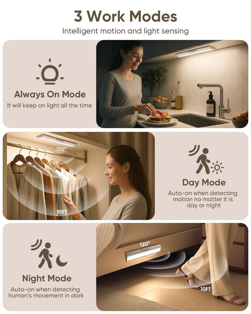 Motion Sensor Closet Lights with Eye Protection Design 400 Lumen Pantry Light Under Cabinet Wireless Lights with Remote Control,3 Color Temp,Rechargeable Night Light for Wardrobe,Cabinet,Kitchen,Shelf Silver 3 Pack