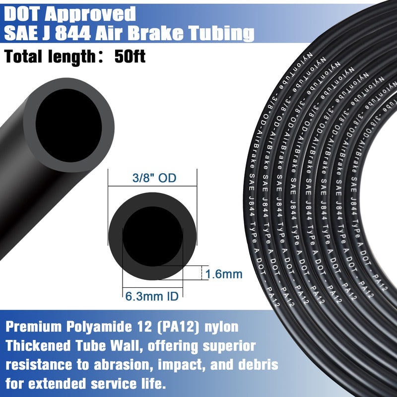 3/8" OD x 50FT DOT Air Line Black SAE J 844 PA12 Nylon Air Brake Tubing with Cutter and Teflon Tape, Pneumatic Nylon Air Line Hose for Semi Truck Trailer Air Brake System & Fluid Transfer 50FT-3/8"OD