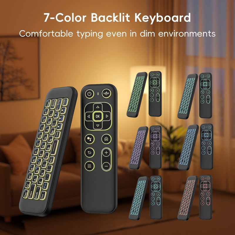 Mini Wireless Keyboard Remote, Bluetooth & 2.4G Air Mouse | 7-Color Backlit Keys • USB-C Rechargeable • QWERTY Keyboard • Android TV, Smart TV, HTPC & Projector Compatible