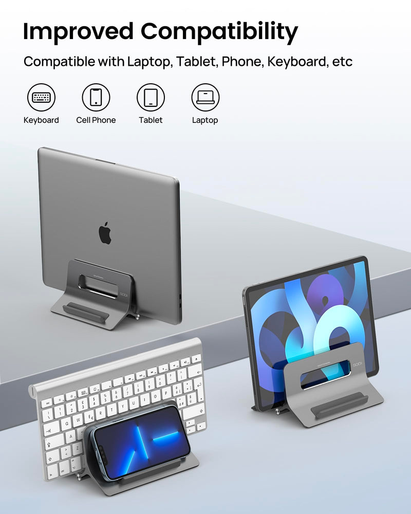 SODI Vertical Laptop Stand for Desk, Gravity Auto Lock MacBook Stand, Aluminum Laptop Holder Vertical Compatible with MacBook Pro, Air, Tablet, Space-Saving Organize Work & Home Office, Gray Space Grey