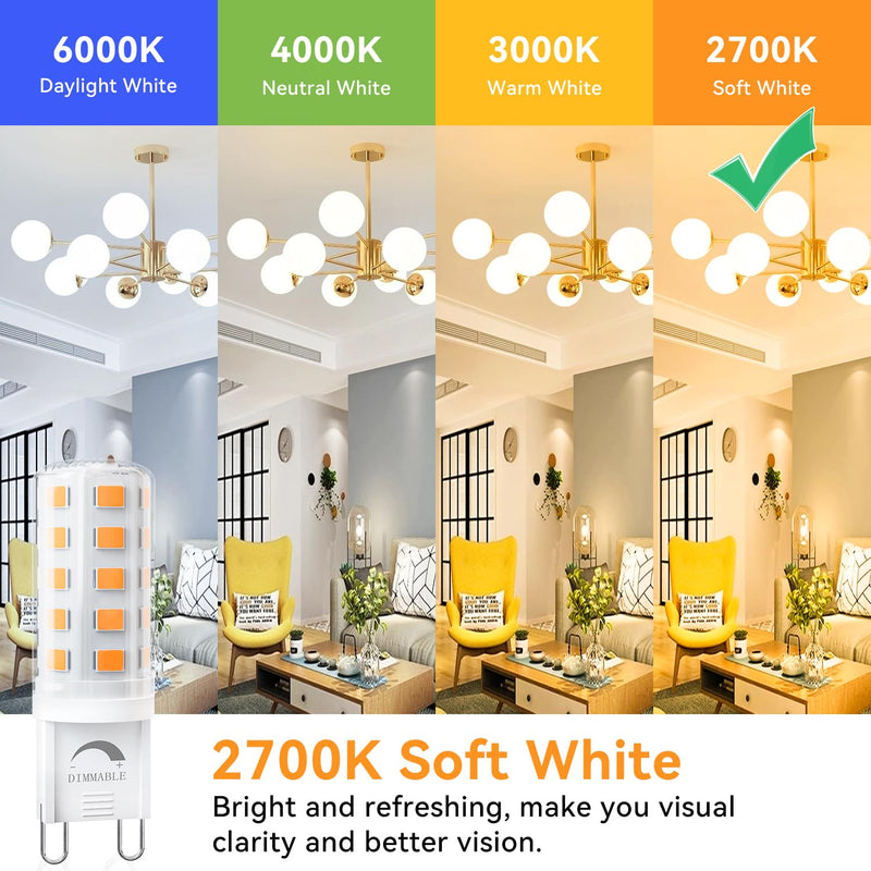 TJOY 12 Pack Dimmable G9 LED Bulb 4W Equivalent 40 Watt, 2700K Soft Warm White, T4 G9 Bi-pin Base Halogen Replacement, G 9 Socket Light Bulb for Chandelier Wall Sconce, 120V No Flicker, 450LM