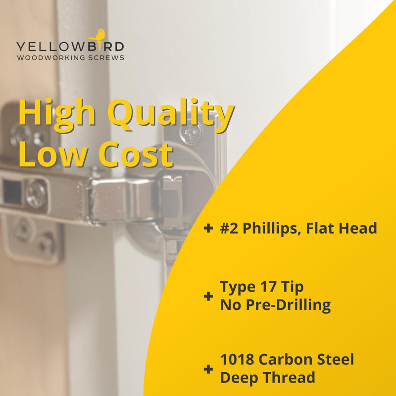 Yellowbird #6 x 5/8" European Concealed Hinge Screw - Flat Head Phillips - Type 17 - Nickel Wood - Bit Included - 1000 Ct.
