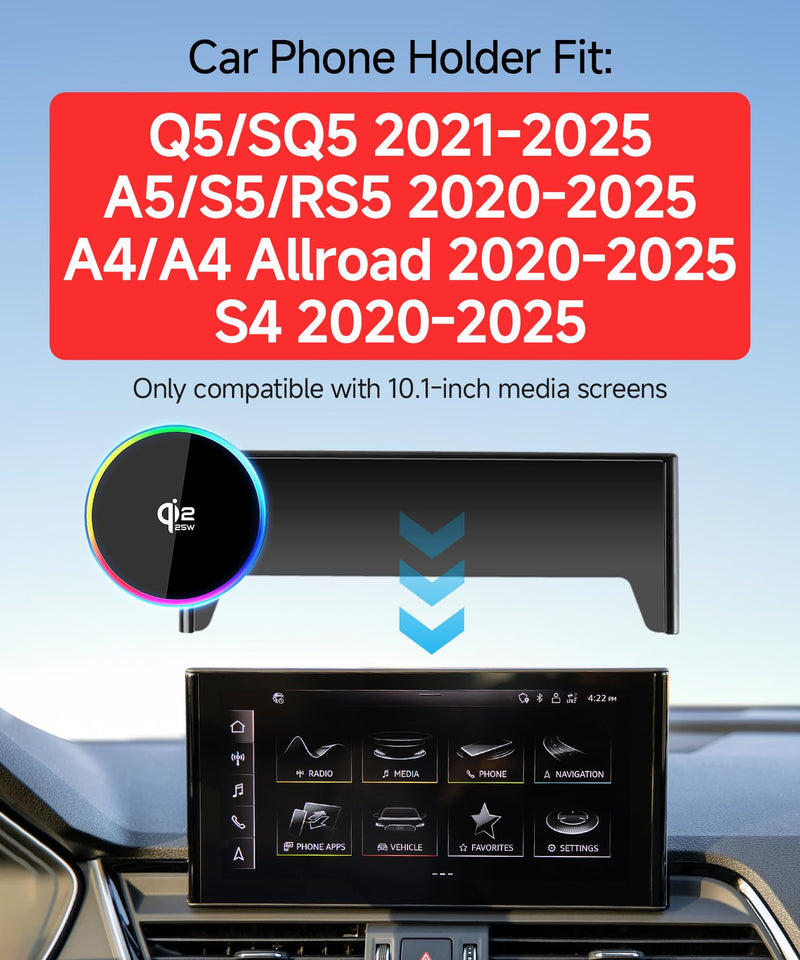 Qi2.2 25W Wireless Charger Car Phone Mount for Audi Q5/SQ5/A5/S5 2021-2025 | A5/S5/RS5/A4/A4 Allroad/S4 2020-2025, 10.1" Screen Magsafe Accessories Fast Charging Magnetic Cell Phone Holder, GPS Bracket