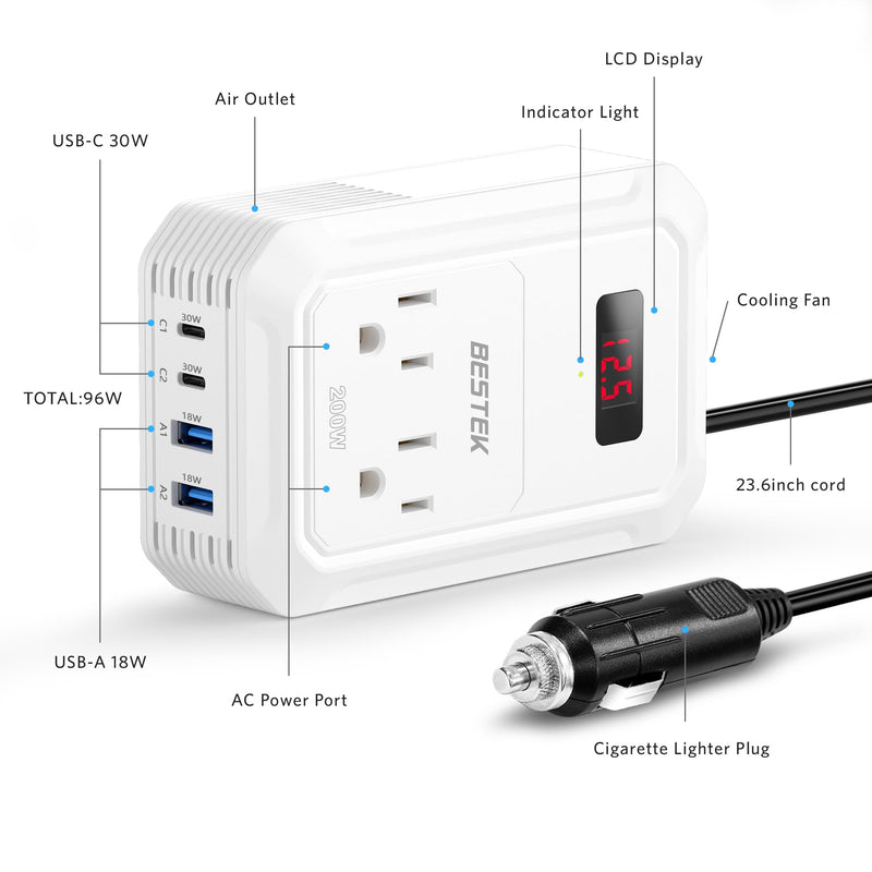 BESTEK 200W Car Power Inverter - DC 12V to 110V AC Converter with 2 USB-C(30W) and 2 USB-QC(18W) - Fast Car Charger Adapter with LCD Screen, Dual AC Adapter for Laptops White
