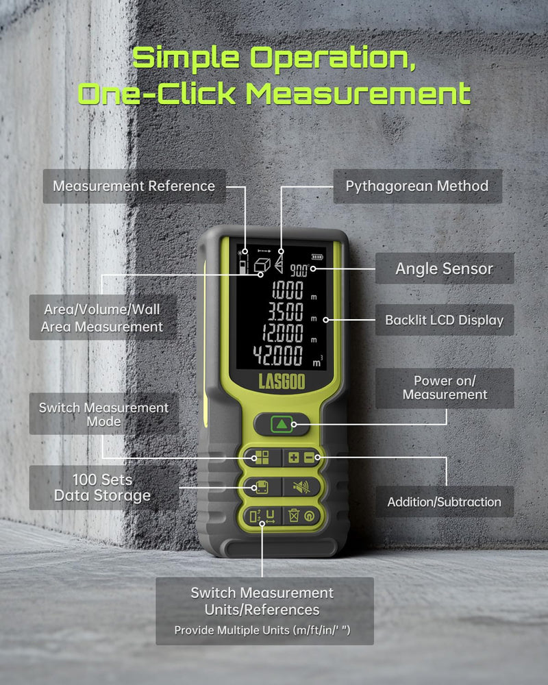 Laser Measure, LASGOO 100m/328ft Laser Measurement Tool, Laser Distance Meter with Angle Sensor, Ft/in/M Units, LCD Backlit Display, Length/Area/Volume/Pythagorean Mode, Battery Included
