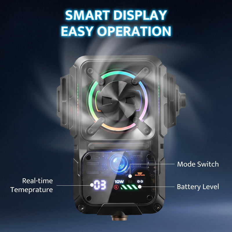 darkFlash Cell Phone Cooler for Gaming and Live Stream, 2000mAh Rechargeable Fast Cooling with RGB Light, Temperature & Battery Display, Universal Snap-On Clip Design, with Vertical/Horizontal Stand Mount