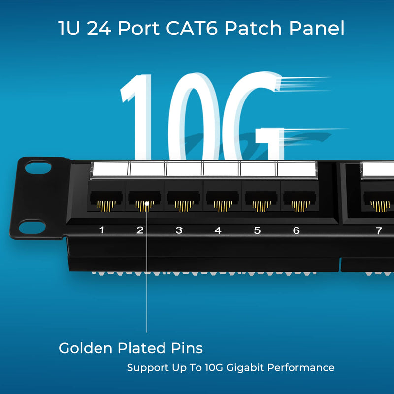 Rapink Patch Panel 24 Port Cat6 10G Support, Network Panel UTP 19-Inch, Wallmount or Rackmount 1U Ethernet Patch Panel Punch Down Block for Cat6, Cat5e, Cat5 Cabling 24Port