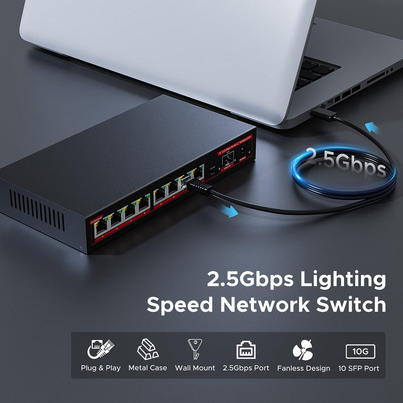 8 Port 2.5G Ethernet Switch with 1*10G SFP+ Slot, 9 Ports 2.5Gb Network Swithes and 1-10Gb Multi Speed, 60Gbps Switching Capacity, One Key VLAN| Plug & Play |Fanless |Metal |Wall Mount 9-Port| 8*2.5G+1*10G SFP