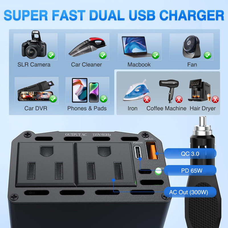Nilight 300W Power Inverter 12V DC to 110V AC Car Converter with PD 65W USB C & QC3.0 for Phones Tablets Laptop Computer Game Console Kindle iPad DVD Players Black 300W USB+PD 110V Outlet*2