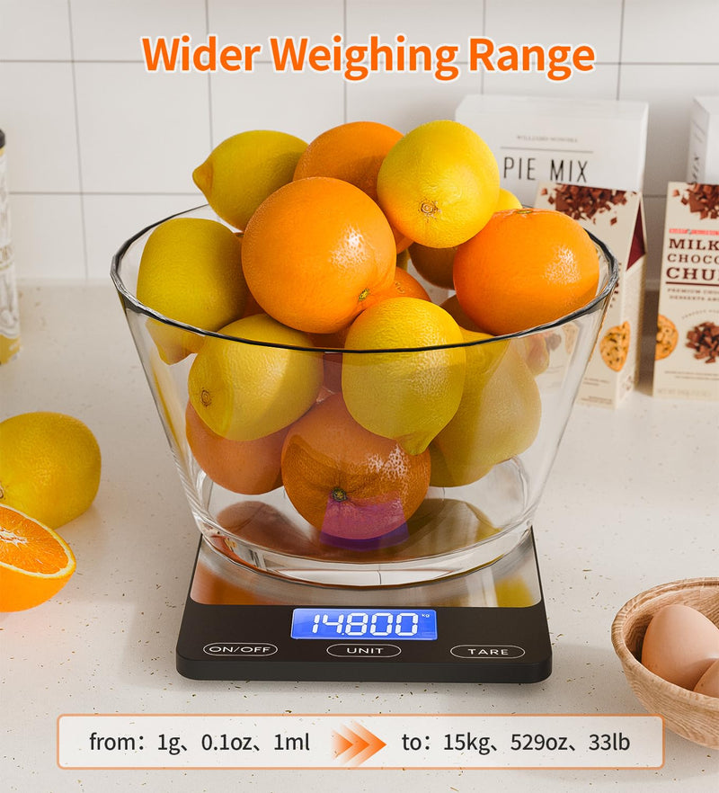 Food Scale -33lb Digital Kitchen Scale for Food Ounces Grams Rechargeable 305 Stainless Steel,Batteries and Type-C Charging | Perfect for Meal Prep, Cooking, and Baking, Black Large