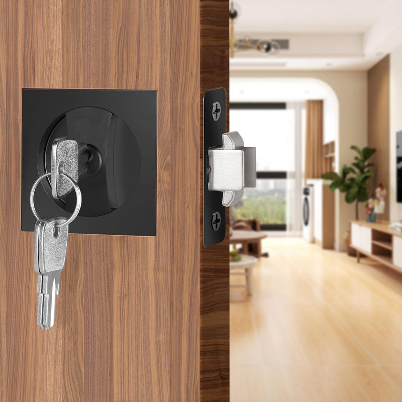 Square Door Hardware - Sliding Pocket Door Lock with Key, Flush Latch for Bed/Bath, Matte Black, 2-3/8" Backset Square Entrance