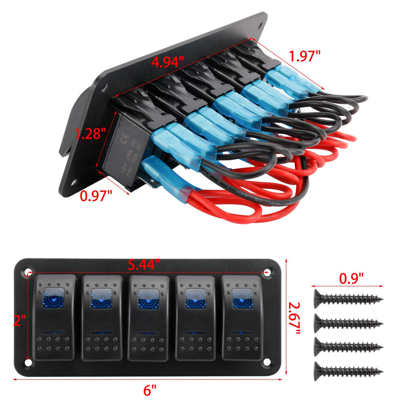 Amarine Made 12-24V Boat Switch Panel Illuminated Rocker Switch Aluminum Pre-wired Panel 2,3,4,5,6,8 Gang Toggle Switches Dash 5 Pin ON/Off 2 LED Backlit for Bus Boat Car Marine Blue LED IP65 (5 Gang)