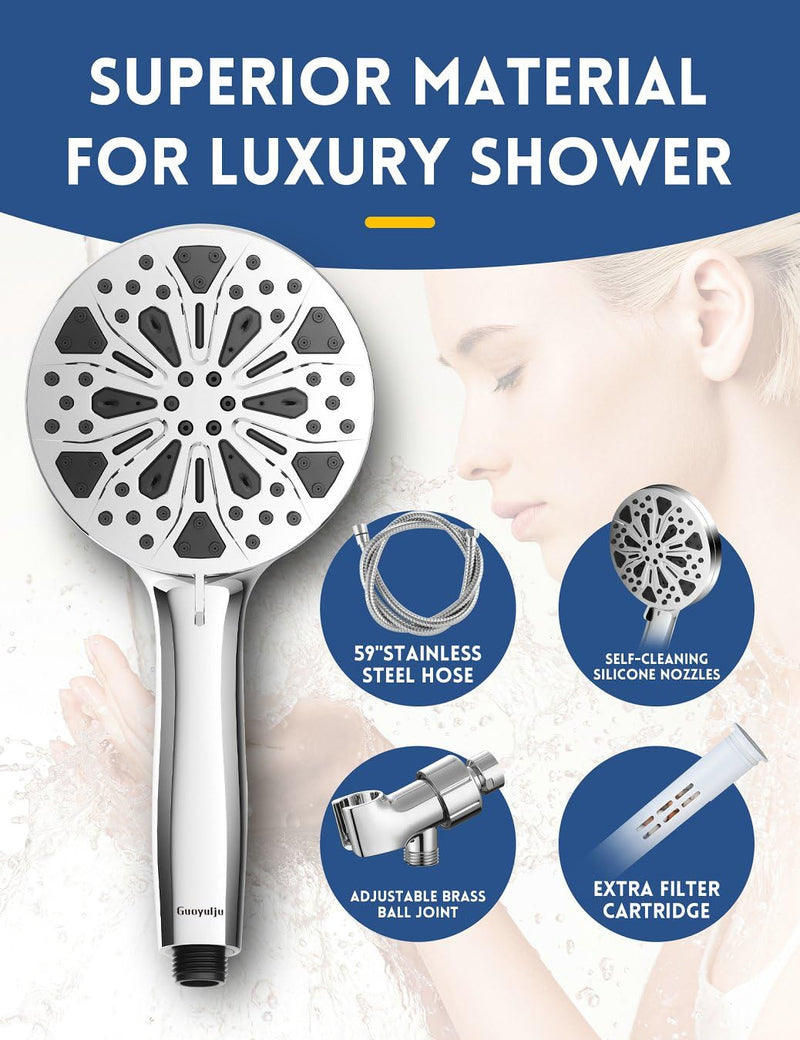 Filtered Shower Head with Handheld and Hose, 10 Spray Modes High Pressure Showerhead for Hard Water, Water Saving Removable Filter with Beads, Chrome Finish, WaterSense & CUPC Certified