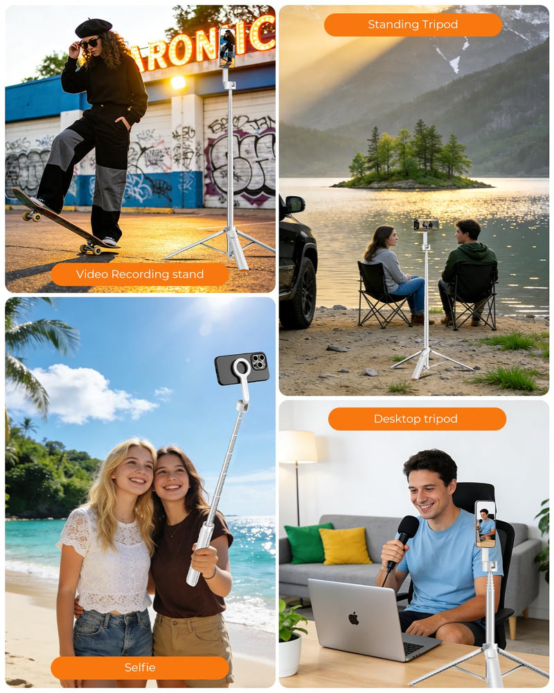 72'' Magnetic Selfie Stick Tripod for iPhone MagSafe – One-Click Open Stable Stand, Strong Magnetic Mount, 360° Rotation, Extendable Aluminum Tripod with Bluetooth Remote for Travel & Video Recording White