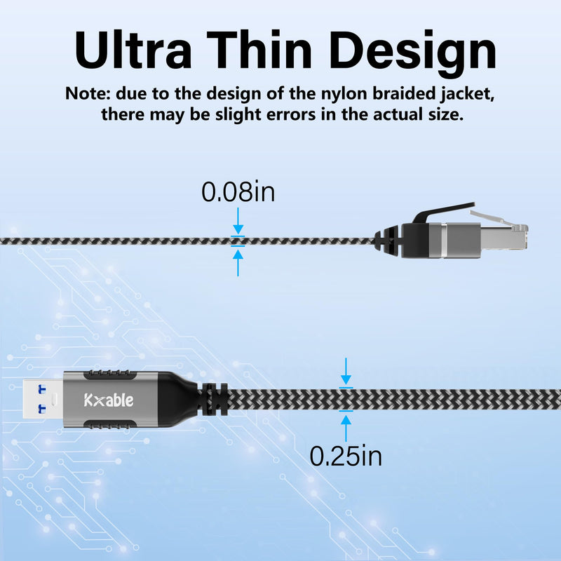 Flat USB to Ethernet Cable 15 FT, USB 3.0 A to RJ45 Thin Cord, Directly Connected, Aluminum, Braided, OFC, USB to RJ45 Gigabit LAN Network Cable for Laptop, PC, Switch and More, OD: 0.8in x 0.25in 15 Feet USB A to Ethernet